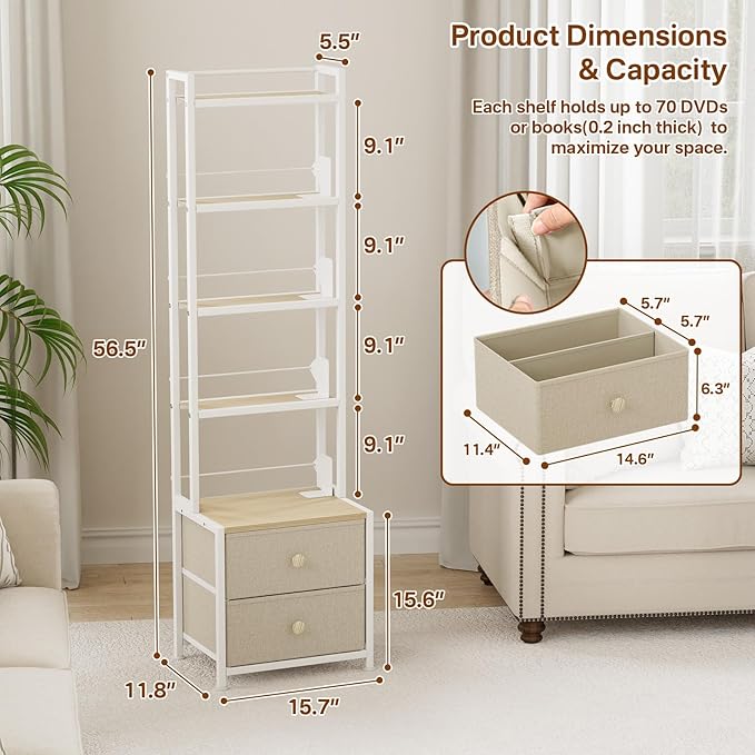 CD Storage Rack with Drawer, 5-Tier DVD Organizer Shelf w/Adjustable Book - Image 3