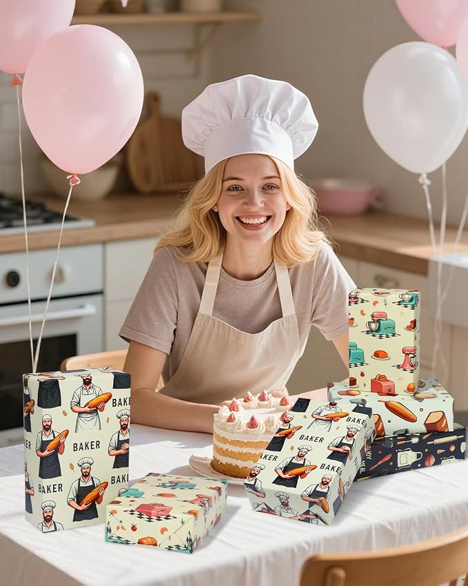 Pineraap 12 Sheets Baking Theme Wrapping Paper, Cute Baker Design Gift Wrap - Image 2