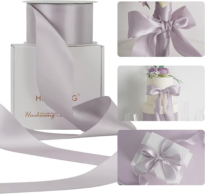 HUIHUANG Dusty Purple Ribbon 2 inch Wide Double-Faced Pastel Lilac Satin Silk by HUIHUANG