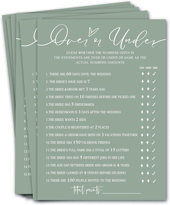 Bridal Shower Games Cards, Guess Over or Under, 25 Guests, Engagement Party by Wybgno