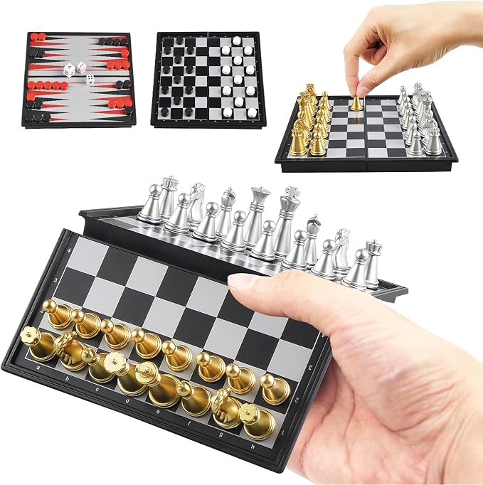 5'' Mini 3 in 1 Chess Checkers Backgammon Set Magnetic Folding Travel Chess by Oumoda