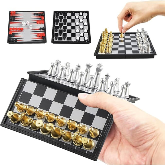 5'' Mini 3 in 1 Chess Checkers Backgammon Set Magnetic Folding Travel Chess by Oumoda