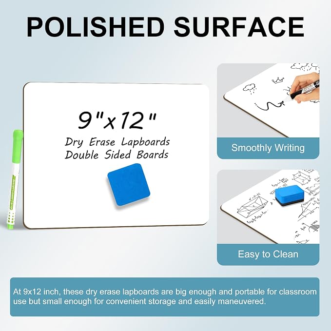 Dry Erase Lapboards Student Pack of 12, 9x12 inch Double Sided White Boards - Image 5