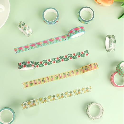 12 Rolls Fruits Washi Tapes, Hawaiian Leaves Cactus Masking Tapes, Colorful - Image 4