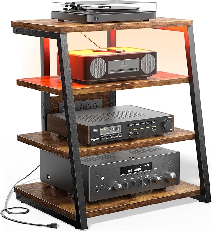 AV Media Stand with Outlets, Media Console with LED Lights, Stereo Racks and by Besiost