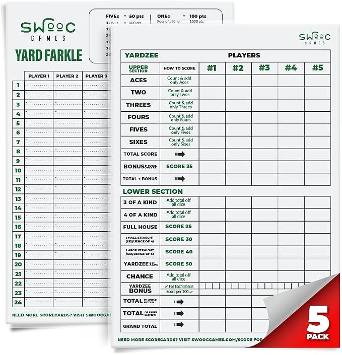 SWOOC Games® - 5 Big Premium Laminated Yardzee & Farkle Score Cards - Large by SwoocGames