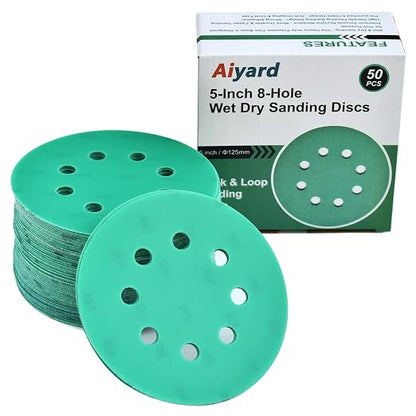 5-Inch 8-Hole Wet Dry Sanding Discs 800 Grit, Polyester Film Backed Heavy-Duty by Aiyard