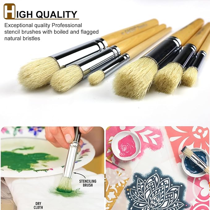 Wooden Stencil Brush Set, 6 Pieces Natural Hog Bristle Dome Stencil Brushes - Image 3