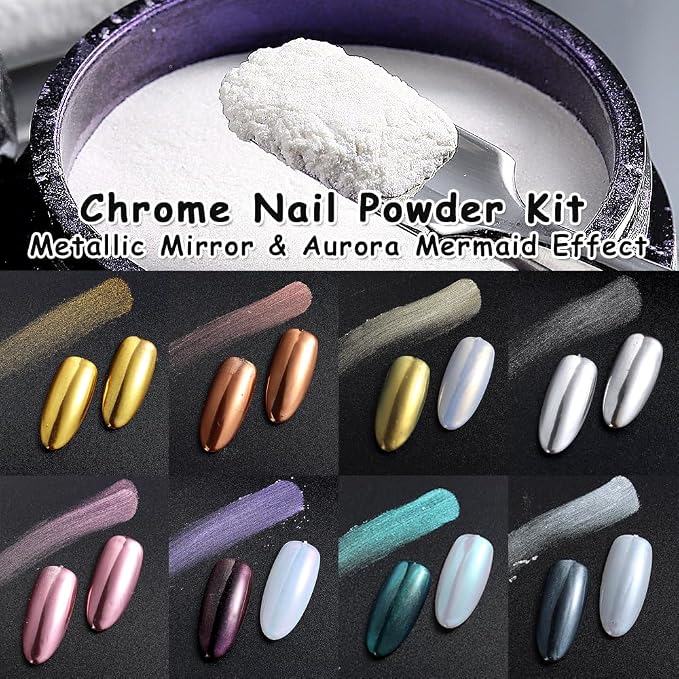 8 Jars Chrome Nail Powder Magic White Pearl Kit, Metallic Mirror Effect - Image 2