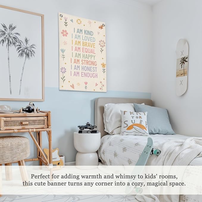 Affirmations Wall Hanging Art for Kids, Flower Wall Art I Am Kind Linen Canvas - Image 4