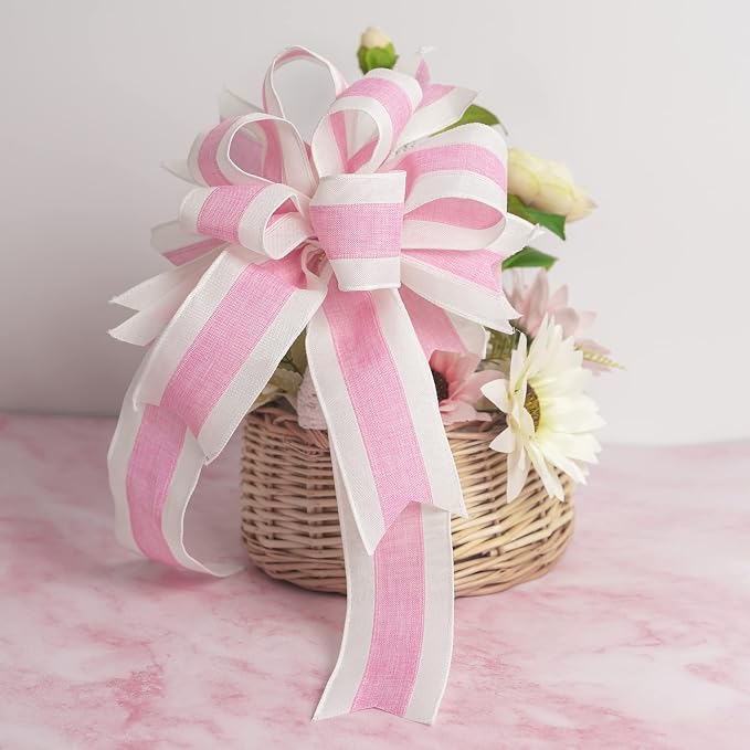 MEEDEE Pink White Stripe Wired Burlap Ribbon - Image 3