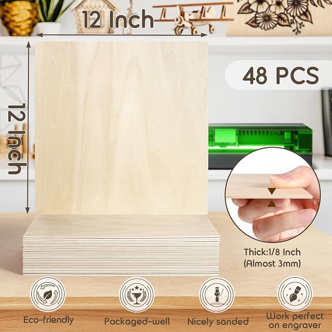 48 Pack 12x12x1/8 Inch Basswood Sheets, MAPRIAL Smooth 3mm Plywood - Image 2