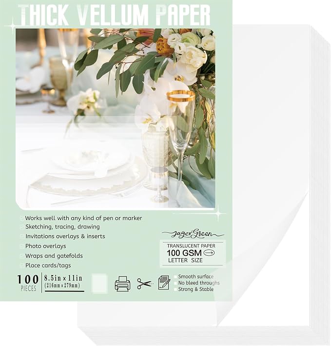 JAGERGREEN Vellum Paper 8.5 x 11 Inches 100GSM 100 Sheets, Thick Translucent by JagerGreen