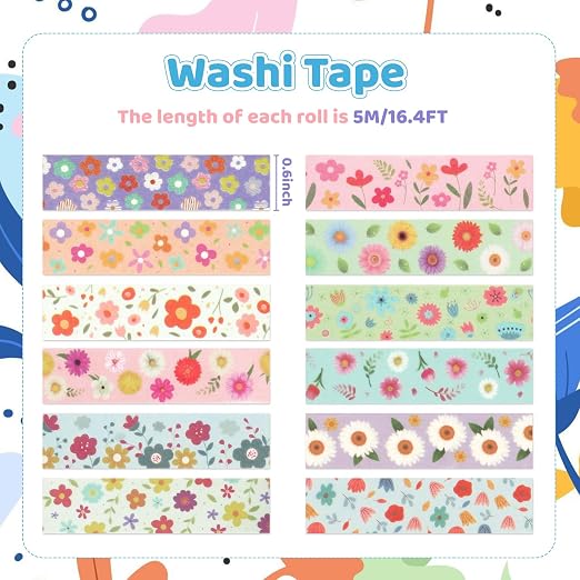 12 Rolls Sunflower Washi Tape Set, Floral Botanical Writable Masking Tapes - Image 2