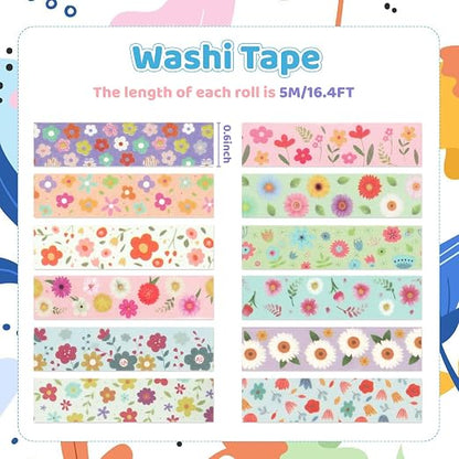 12 Rolls Sunflower Washi Tape Set, Floral Botanical Writable Masking Tapes - Image 2