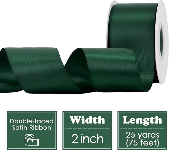 HUIHUANG Hunter Green Satin Ribbon 2 inch Double Side Green Satin Fabric Ribbon - Image 2