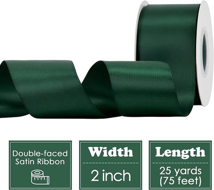 HUIHUANG Hunter Green Satin Ribbon 2 inch Double Side Green Satin Fabric Ribbon - Image 2