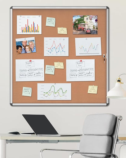 38"x38" Enclosed Bulletin Board, Lockable Weather-Resistant Aluminum Cork - Image 2