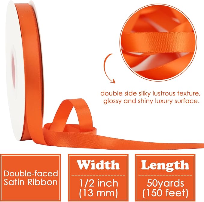 HUIHUANG Orange Ribbon 1/2 inch Continuous 50 Yards Tangerine Double-Faced - Image 2