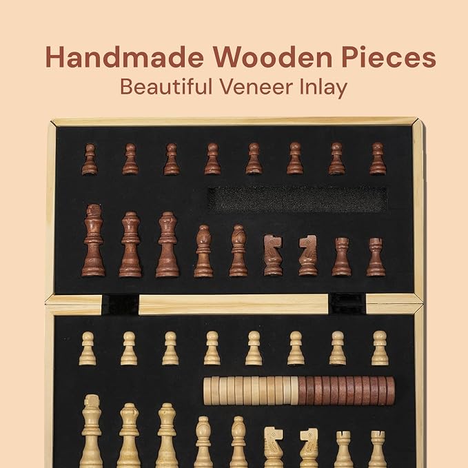 PlayVibe Wooden Chess Set 15'' & Checkers Board Games - Image 8