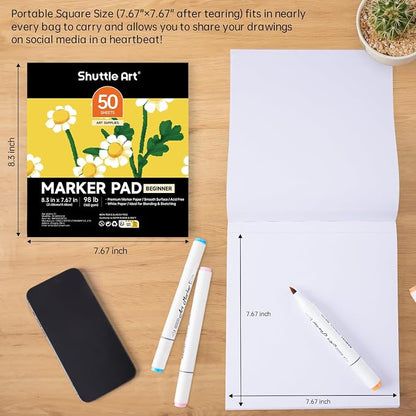 Shuttle Art Marker Pad, 8.3”x7.67” Portable Square Sketchbook, 50 Sheets Marker - Image 4