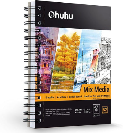 Mix Media Pad, Ohuhu Mixed Media Art Sketchbook, 120 LB/200 GSM Heavyweight by Ohuhu