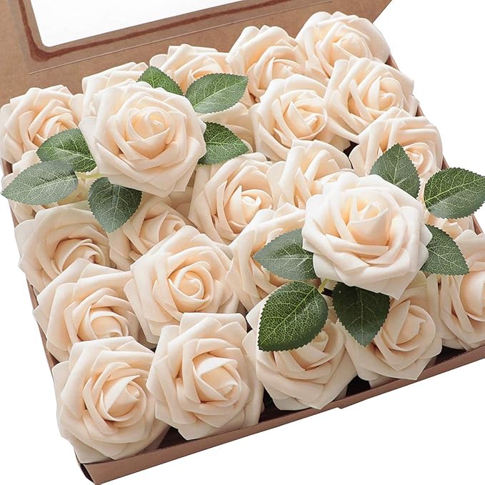 Floroom Artificial Flowers 50pcs Real Looking Cream Foam Fake Roses by Floroom