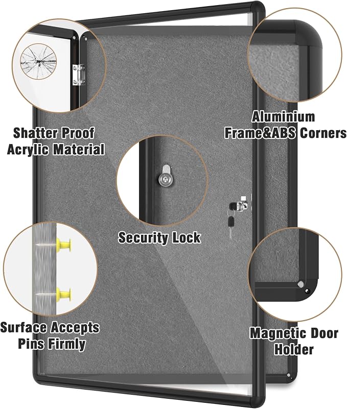 38"x28" Enclosed Bulletin Board, Lockable Weather-Resistant Aluminum Cork - Image 3