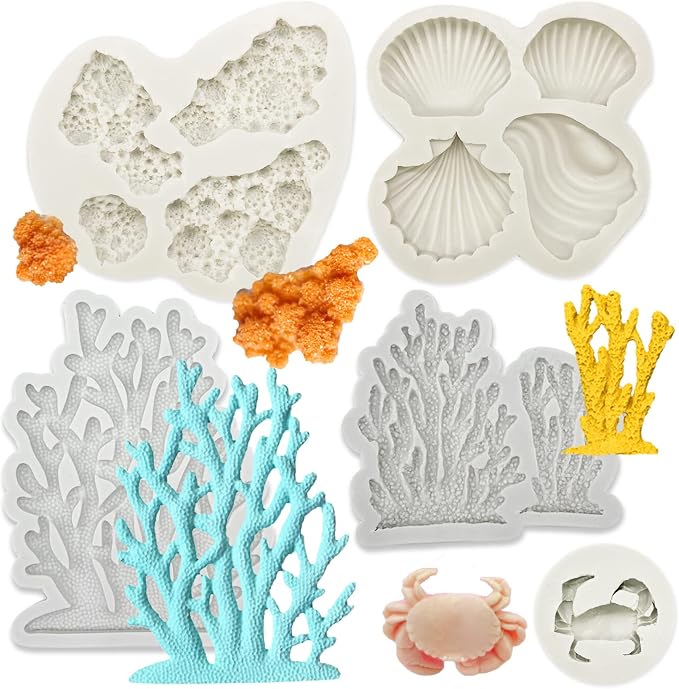5 PCS Marine Theme Fondant Silicone Mold Seaweed Coral shell crab Shape DIY by GeoGeoDIY