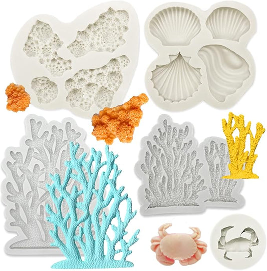 5 PCS Marine Theme Fondant Silicone Mold Seaweed Coral shell crab Shape DIY by GeoGeoDIY