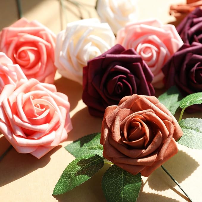 AmyHomie Artificial Flower Shades of Burgundy Rose 25pcs Real Looking Fake - Image 3