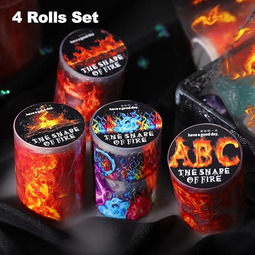 4 Rolls Fire-Themed PET Tape Set, Waterproof Pre-Cut Stickers - Image 2