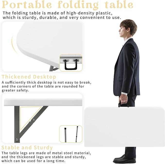 34" Square Folding Table, Party Use, HDPE Plastic Tabletop - Image 3