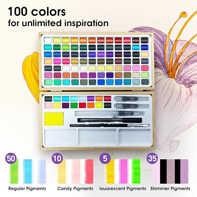 Watercolor Paint Set, 100 Colors in Nature Bamboo Box, Portable Water Colors Kit - Image 4