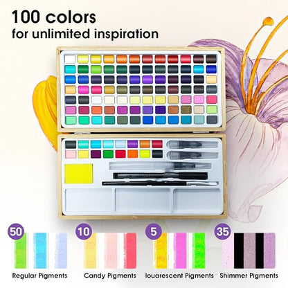 Watercolor Paint Set, 100 Colors in Nature Bamboo Box, Portable Water Colors Kit - Image 4