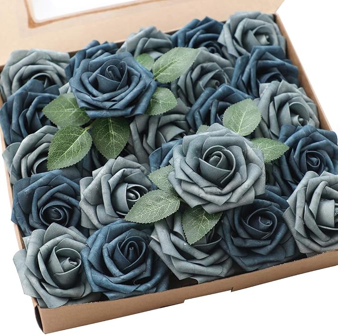 Floroom Artificial Flowers 25pcs Real Looking Dusty Blue Foam Fake Roses by Floroom