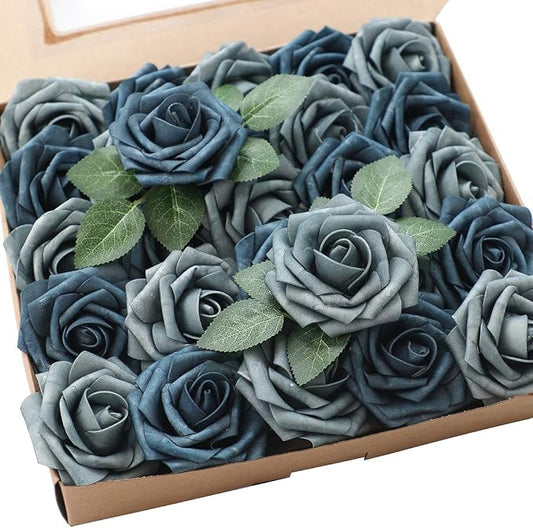 Floroom Artificial Flowers 25pcs Real Looking Dusty Blue Foam Fake Roses by Floroom