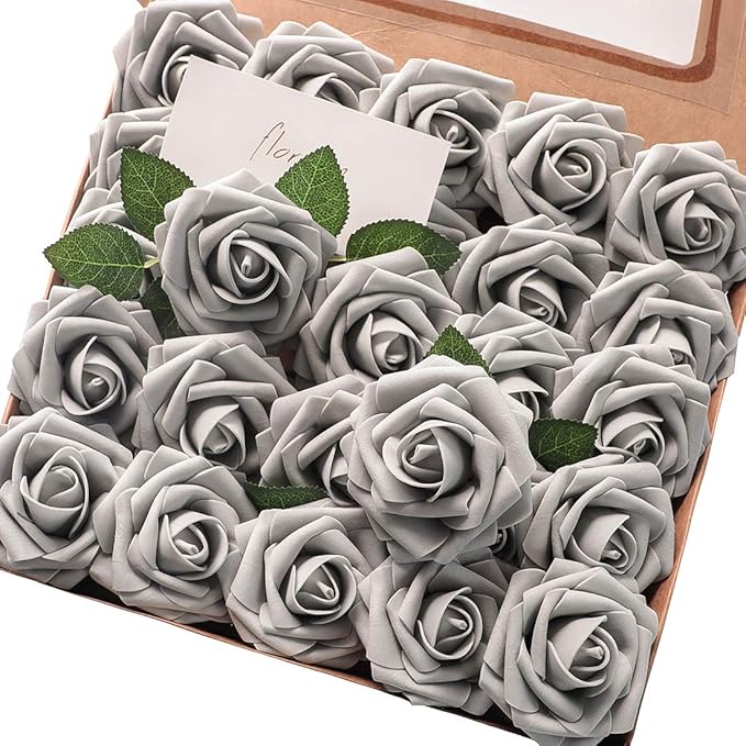 Floroom Artificial Flowers 50pcs Real Looking Silver Grey Foam Fake Roses by Floroom