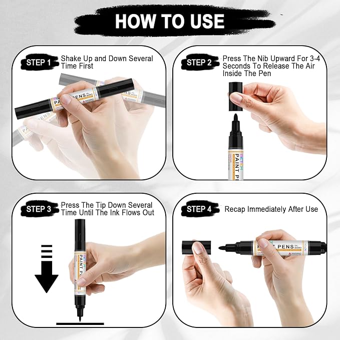 Betem 4 Count Dual Tip Oil Based White Black Paint Markers Pens, Permanent - Image 6