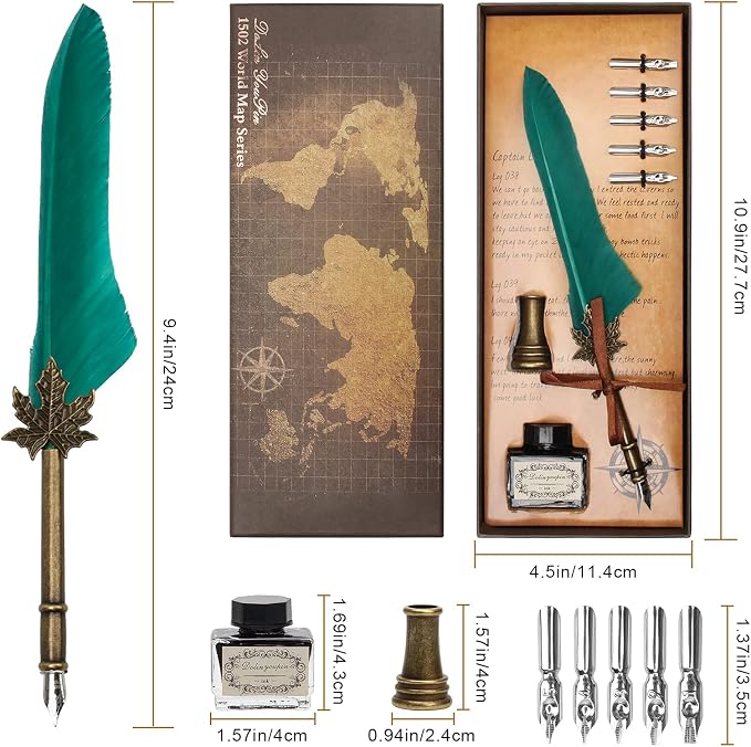 AHIER Quill Pen and Ink Set, Feather Pen Quill Pen Set Includes 5 Steel - Image 2
