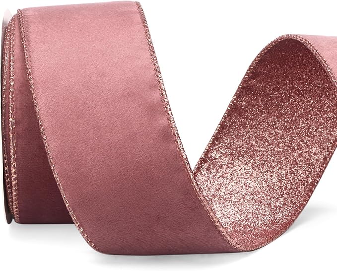 Ribbli Rose Gold Velvet Wired Ribbon 2.5 Inch Dusty Rose Velvet by Ribbli