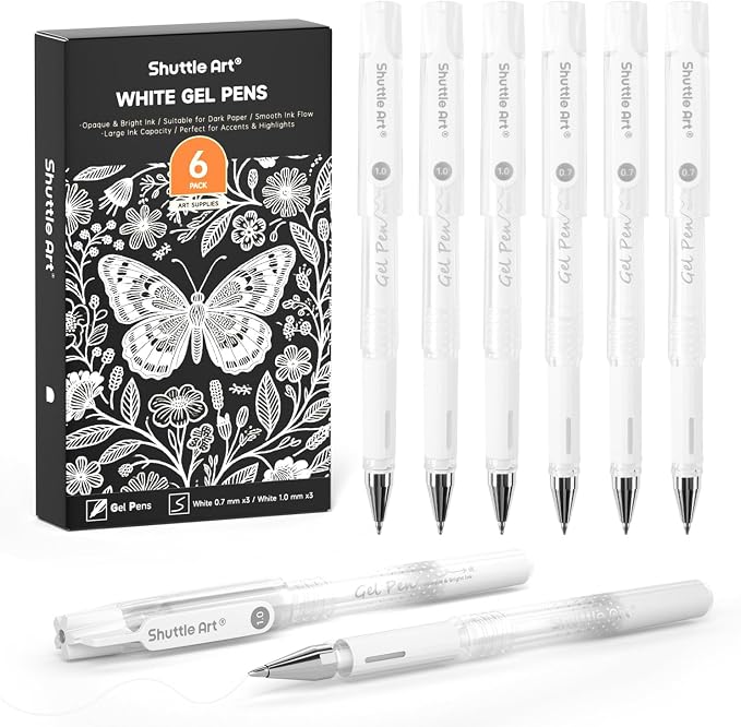 Shuttle Art White Gel Pens, 6 Pack 0.7mm, 1.0mm Gel Ink Pens Fine Point by ShuttleArt