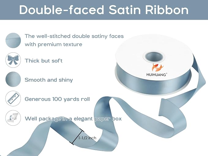 HUIHUANG Blue Satin Ribbon 1-1/2 inch x 100 Yards Dusty Blue Double-Faced Satin - Image 2