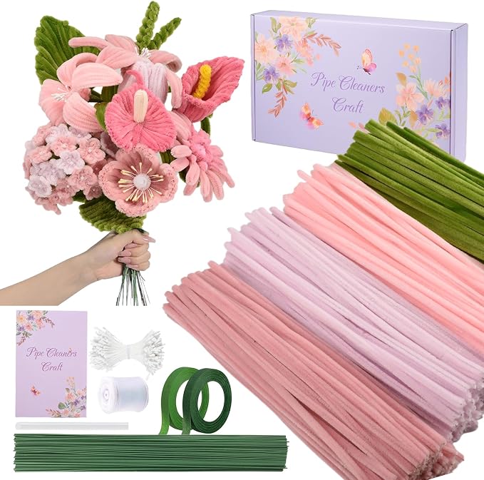 400 Pcs Pipe Cleaners Craft Set, 4 Assorted Pink Pipe Cleaners Bulk, Chenille by Unknown