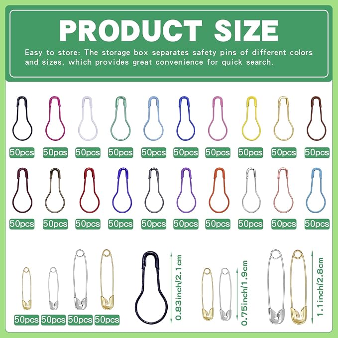 1200 Pcs 22 Colors Metal Safety Pins, Bulb Gourd Pins Pear Shaped Pins - Image 2