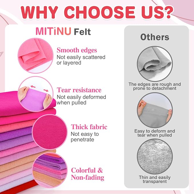 12 Rolls 8"x35" 1.4mm Thick Soft Felt Fabric Sheet 12 Assorted Pink Series - Image 4