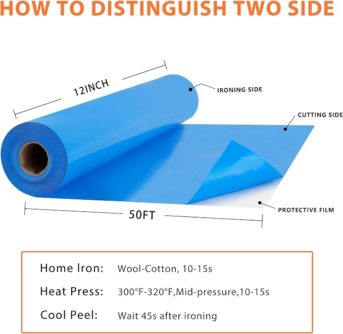 RENLITONG Lake Blue Iron on Vinyl 12Inch by 50ft Roll HTV Heat Transfer Vinyl - Image 3
