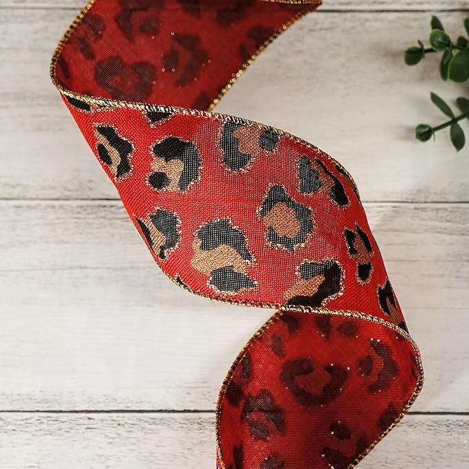 CT CRAFT LLC Burlap Leopard Fabric Wired Ribbon 2.5" x 10 Yards Red - Image 4