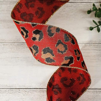 CT CRAFT LLC Burlap Leopard Fabric Wired Ribbon 2.5" x 10 Yards Red - Image 4