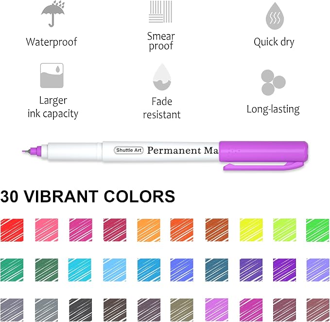 Shuttle Art Permanent Marker, 30 Colors Ultra Fine Point, Works on Plastic - Image 3